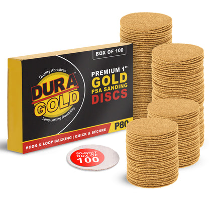 Premium - 80 Grit 1" Gold Hook & Loop Sanding Discs for DA Sanders - Box of 100 Sandpaper Finishing Discs for Automotive and Woodworking