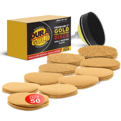 Variety Grit Pack - 2" Gold Hook & Loop Sanding Discs for DA Sanders - Box of 50