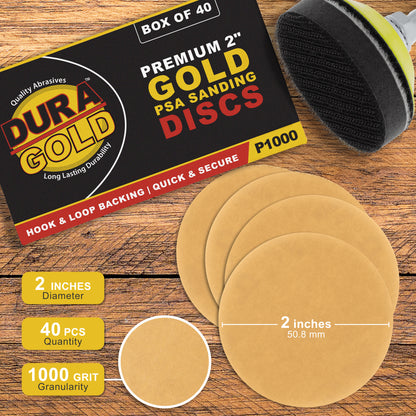 1000 Grit - 2" Gold Hook & Loop Sanding Discs for DA Sanders - Box of 40