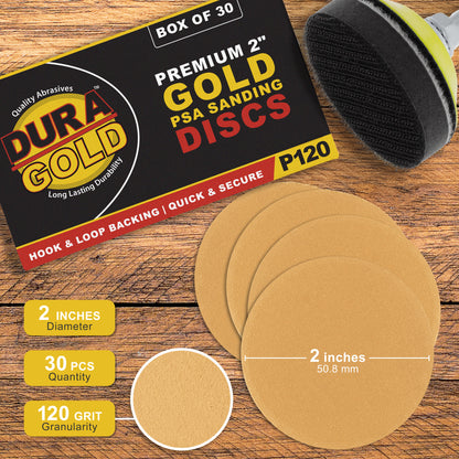 120 Grit - 2" Gold Hook & Loop Sanding Discs for DA Sanders - Box of 30