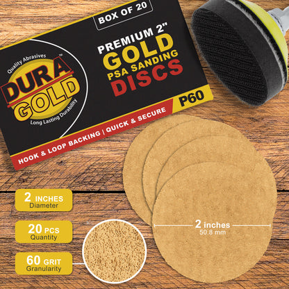 60 Grit - 2" Gold Hook & Loop Sanding Discs for DA Sanders - Box of 20