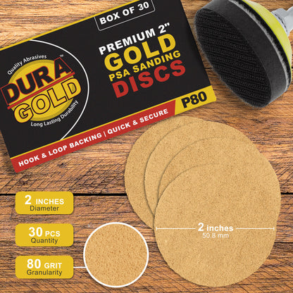 80 Grit - 2" Gold Hook & Loop Sanding Discs for DA Sanders - Box of 30