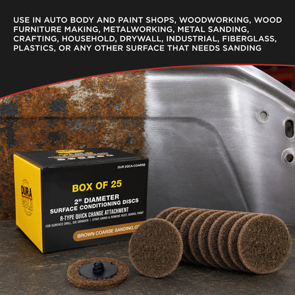 2" Diameter Surface Conditioning Discs Brown Coarse Sanding Grit (Box of 25) - R-Type Quick Change Connection - Surface Drill, Die Grinder, Strip, Grind & Remove Rust, Burrs, Paint