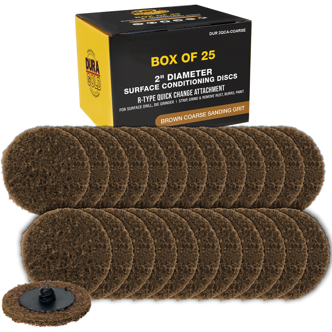 2" Diameter Surface Conditioning Discs Brown Coarse Sanding Grit (Box of 25) - R-Type Quick Change Connection - Surface Drill, Die Grinder, Strip, Grind & Remove Rust, Burrs, Paint
