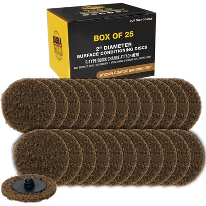 2" Diameter Surface Conditioning Discs Brown Coarse Sanding Grit (Box of 25) - R-Type Quick Change Connection - Surface Drill, Die Grinder, Strip, Grind & Remove Rust, Burrs, Paint