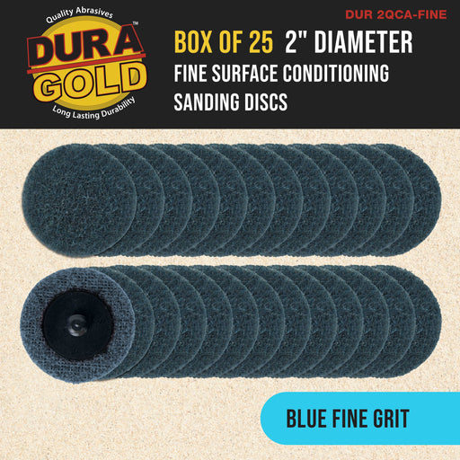 Dura-Gold 2" Diameter Surface Conditioning Discs Blue Fine Sanding Grit (Box of 25) - R-Type Quick Change Roll Lock Connection