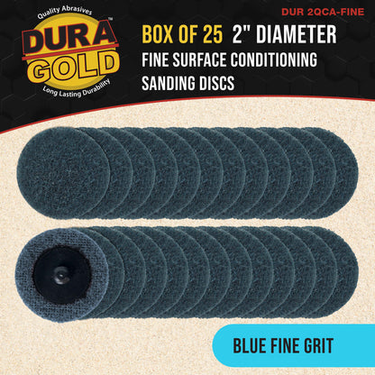 2" Diameter Surface Conditioning Discs Blue Fine Sanding Grit (Box of 25) - R-Type Quick Change Connection - Finishing Prep, Grind Remove Rust, Strip Paint - For Drill, Die Grinder