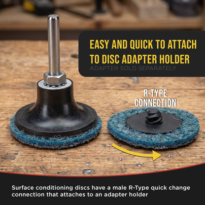 2" Diameter Surface Conditioning Discs Blue Fine Sanding Grit (Box of 25) - R-Type Quick Change Connection - Finishing Prep, Grind Remove Rust, Strip Paint - For Drill, Die Grinder