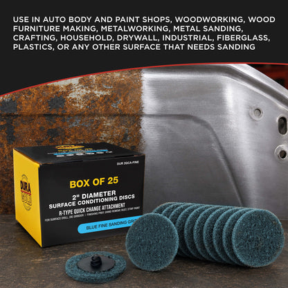 2" Diameter Surface Conditioning Discs Blue Fine Sanding Grit (Box of 25) - R-Type Quick Change Connection - Finishing Prep, Grind Remove Rust, Strip Paint - For Drill, Die Grinder