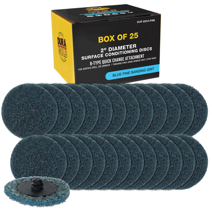2" Diameter Surface Conditioning Discs Blue Fine Sanding Grit (Box of 25) - R-Type Quick Change Connection - Finishing Prep, Grind Remove Rust, Strip Paint - For Drill, Die Grinder