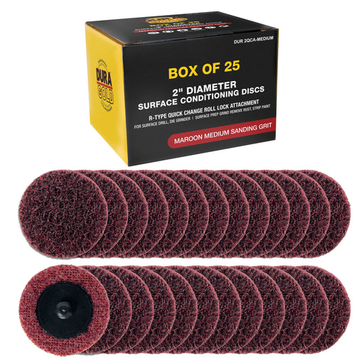 Dura-Gold 2" Diameter Surface Conditioning Discs Maroon Medium Sanding Grit (Box of 25) - R-Type Quick Change Roll Lock Connection