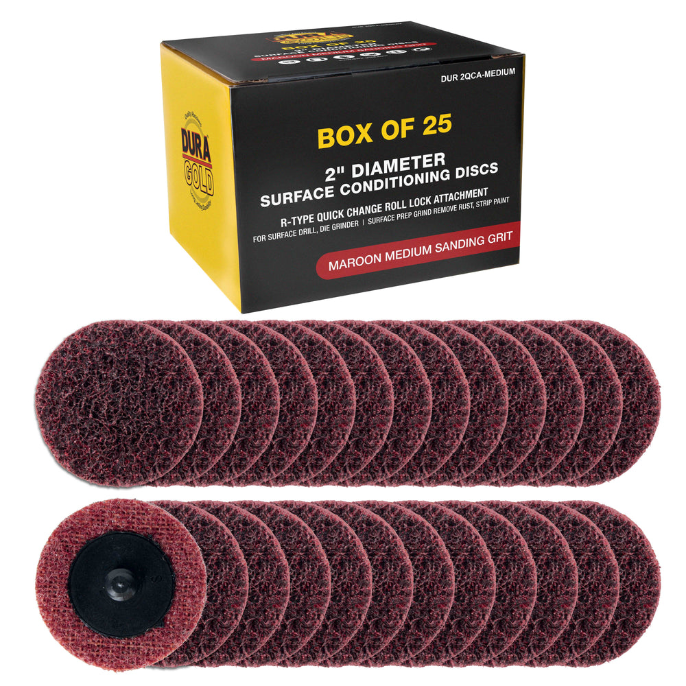 Dura-Gold 2" Diameter Surface Conditioning Discs Maroon Medium Sanding Grit (Box of 25) - R-Type Quick Change Roll Lock Connection