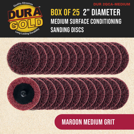 Dura-Gold 2" Diameter Surface Conditioning Discs Maroon Medium Sanding Grit (Box of 25) - R-Type Quick Change Roll Lock Connection