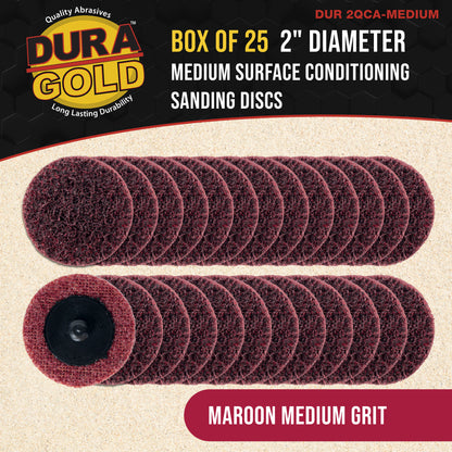 2" Diameter Surface Conditioning Discs Maroon Medium Sanding Grit (Box of 25) - R-Type Quick Change Connection - Surface Prep Grind Remove Rust, Strip Paint, For Drill, Die Grinder
