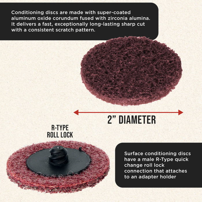 Dura-Gold 2" Diameter Surface Conditioning Discs Maroon Medium Sanding Grit (Box of 25) - R-Type Quick Change Roll Lock Connection