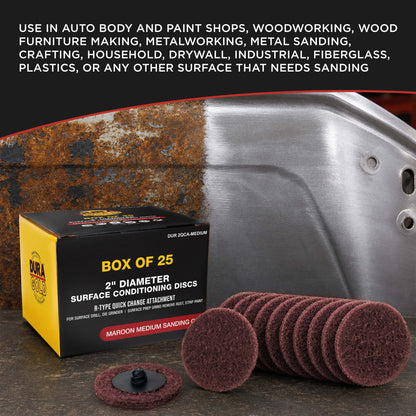 2" Diameter Surface Conditioning Discs Maroon Medium Sanding Grit (Box of 25) - R-Type Quick Change Connection - Surface Prep Grind Remove Rust, Strip Paint, For Drill, Die Grinder