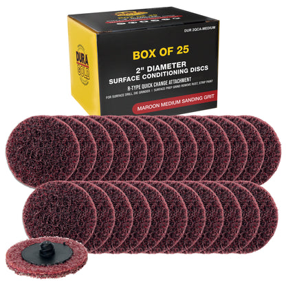 2" Diameter Surface Conditioning Discs Maroon Medium Sanding Grit (Box of 25) - R-Type Quick Change Connection - Surface Prep Grind Remove Rust, Strip Paint, For Drill, Die Grinder