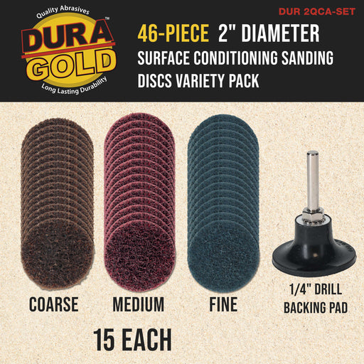 Dura-Gold 46-Piece 2" Diameter Surface Conditioning Sanding Discs Variety Pack - 15 Each Coarse, Medium, Fine Grit Quick Change Roll Lock, 1/4" Drill Backing Pad