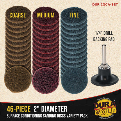 46-Piece 2" Diameter Surface Conditioning Sanding Discs Variety Pack - 15 Each Coarse, Medium, Fine Grit Discs, R-Type Quick Change Connection, 1/4" Drill Shank Backing Pad