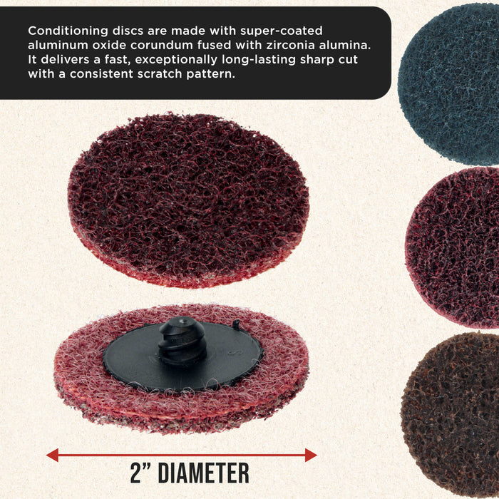 Dura-Gold 2" Diameter Surface Conditioning Discs Blue Fine Sanding Grit Box 25 R Type Quick Change Roll Lock Connection Finishing Prep Grind Remove Ru