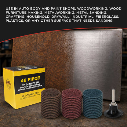 46-Piece 2" Diameter Surface Conditioning Sanding Discs Variety Pack - 15 Each Coarse, Medium, Fine Grit Discs, R-Type Quick Change Connection, 1/4" Drill Shank Backing Pad