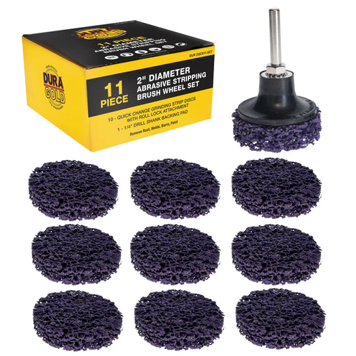 Dura-Gold 11-Piece 2" Diameter Abrasive Stripping Brush Wheel Set - 10 Quick Change Discs with Roll Lock Connection, 1/4" Drill Backing Pad