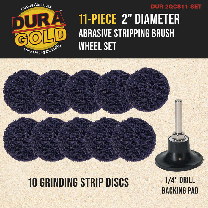 Dura-Gold 11-Piece 2" Diameter Abrasive Stripping Brush Wheel Set - 10 Quick Change Discs with Roll Lock Connection, 1/4" Drill Backing Pad