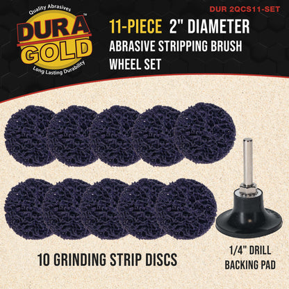 11-Piece 2" Diameter Abrasive Stripping Brush Wheel Set - 10 Each Quick Change Grinding Strip Discs, 1/4" Drill Shank Backing Pad - Remove Rust, Welds, Burrs, Paint