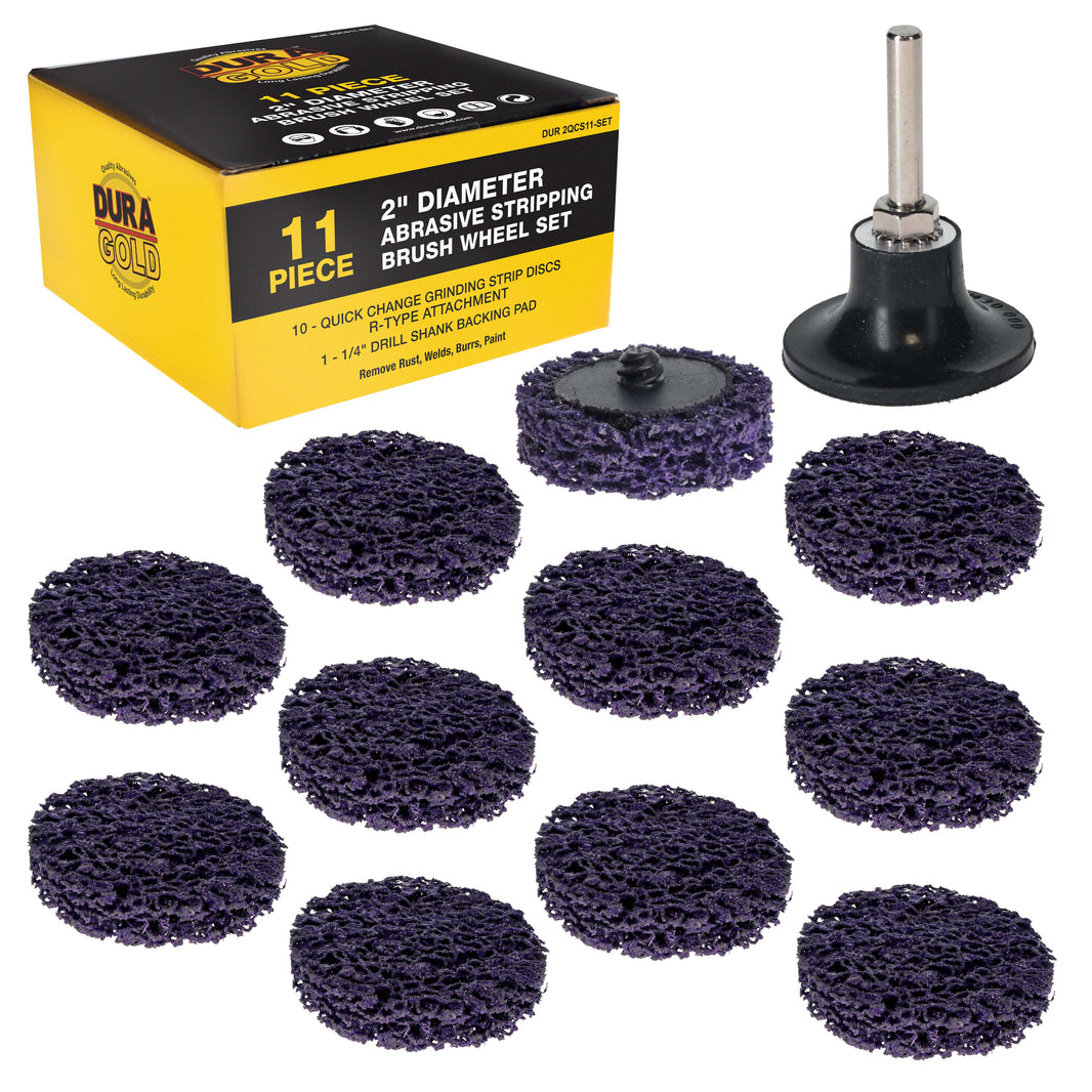 11-Piece 2" Diameter Abrasive Stripping Brush Wheel Set - 10 Each Quick Change Grinding Strip Discs, 1/4" Drill Shank Backing Pad - Remove Rust, Welds, Burrs, Paint
