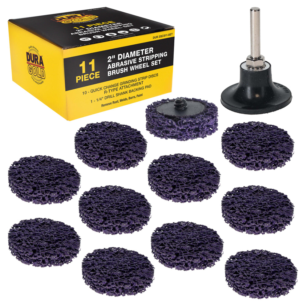 11-Piece 2" Diameter Abrasive Stripping Brush Wheel Set - 10 Each Quick Change Grinding Strip Discs, 1/4" Drill Shank Backing Pad - Remove Rust, Welds, Burrs, Paint