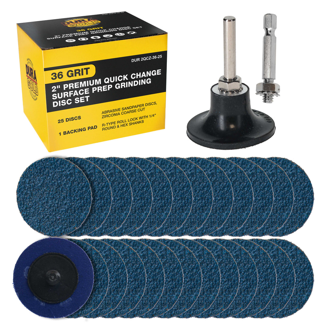 2 Inch Grinding Discs, 36 Grit (25 Disc Set) with R-Type Adapter & Backing Pad - Quick Change Zirconia Coarse Cut Sanding Discs for Auto, Wood, Metal, Rust, Oxidation, Welds