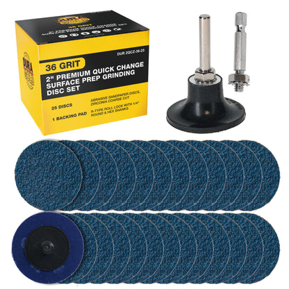 2 Inch Grinding Discs, 36 Grit (25 Disc Set) with R-Type Adapter & Backing Pad - Quick Change Zirconia Coarse Cut Sanding Discs for Auto, Wood, Metal, Rust, Oxidation, Welds