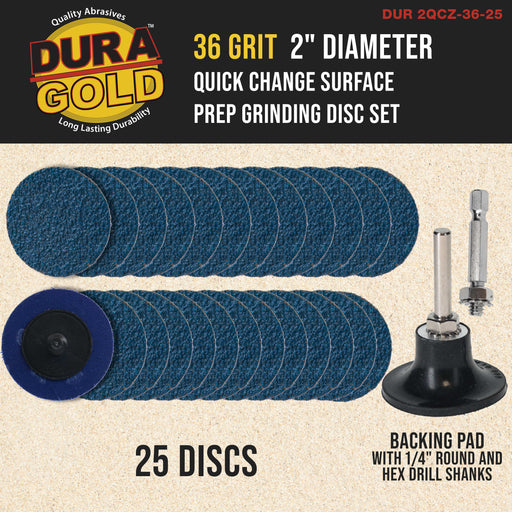 Dura-Gold 2" 36 Grit Quick Change Zirconia Coarse Cut Grinding Disc Set, 25 Discs & Backing Pad - R-Type Roll Lock Sandpaper Discs
