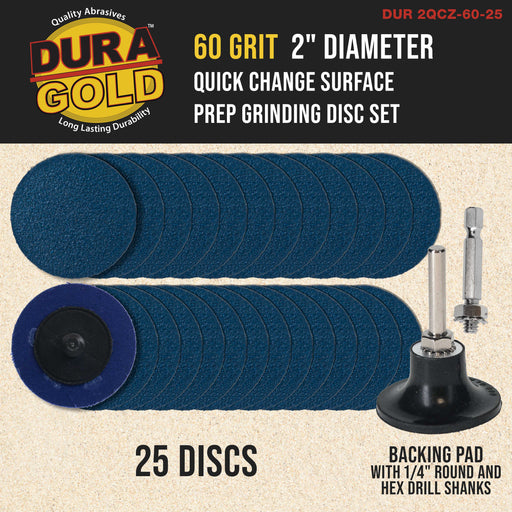 Dura-Gold 2" 60 Grit Quick Change Zirconia Coarse Cut Grinding Disc Set, 25 Discs & Backing Pad - R-Type Roll Lock Sandpaper Discs