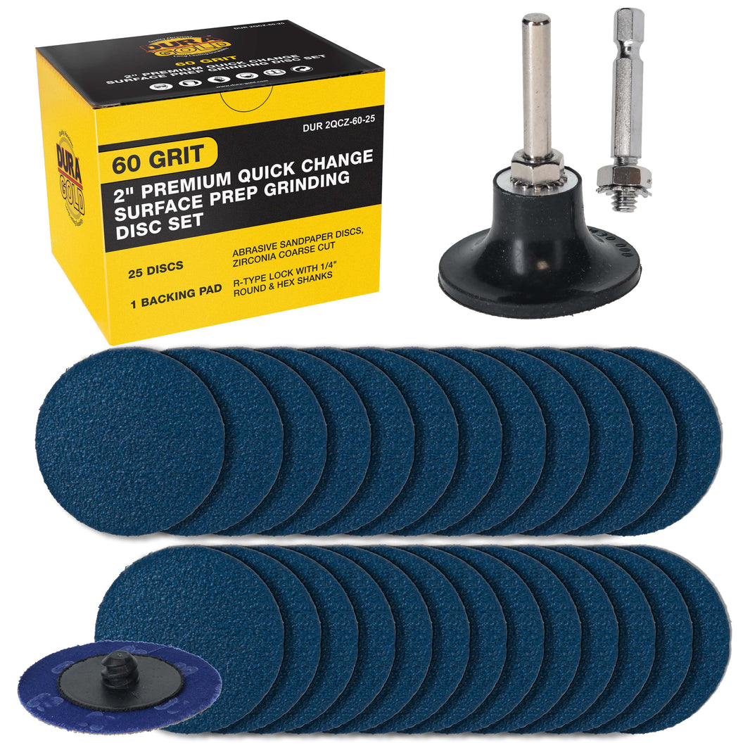 2 Inch Grinding Discs, 60 Grit (25 Disc Set) with R-Type Adapter & Backing Pad - Quick Change Zirconia Coarse Cut Sanding Discs for Auto, Wood, Metal, Rust, Oxidation, Welds