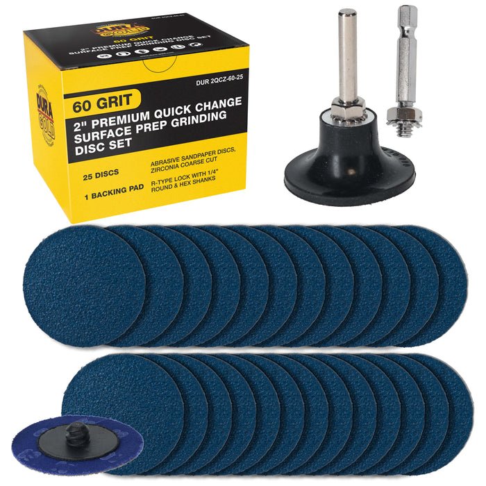 2 Inch Grinding Discs, 60 Grit (25 Disc Set) with R-Type Adapter & Backing Pad - Quick Change Zirconia Coarse Cut Sanding Discs for Auto, Wood, Metal, Rust, Oxidation, Welds
