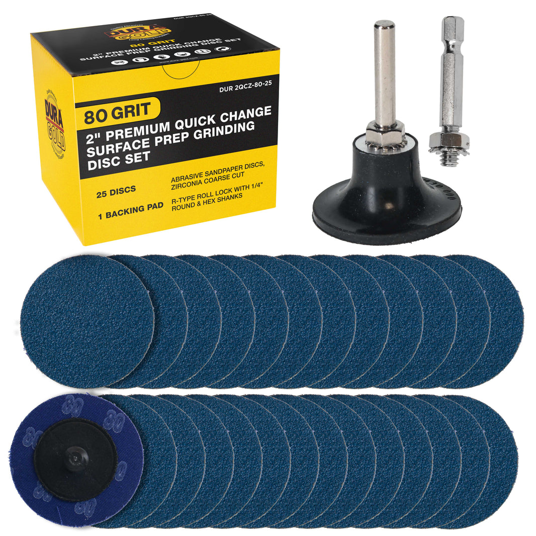 2 Inch Grinding Discs, 80 Grit (25 Disc Set) with R-Type Adapter & Backing Pad - Quick Change Zirconia Coarse Cut Sanding Discs for Auto, Wood, Metal, Rust, Oxidation, Welds