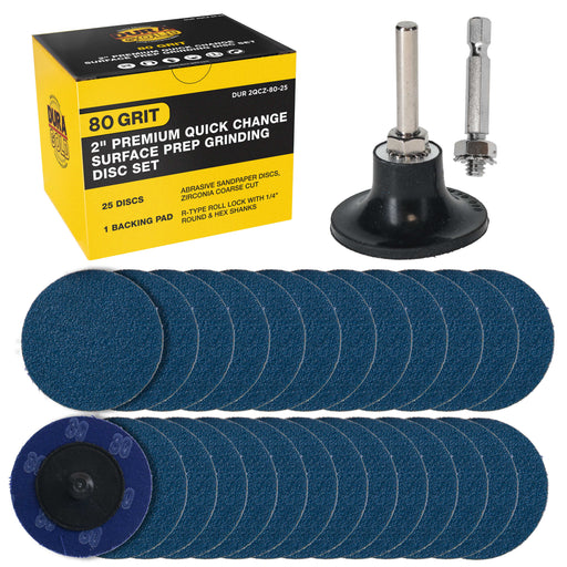 Dura-Gold 2" 80 Grit Quick Change Zirconia Coarse Cut Grinding Disc Set, 25 Discs & Backing Pad - R-Type Roll Lock Sandpaper Discs