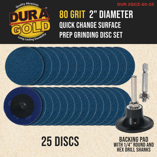 Dura-Gold 2" 80 Grit Quick Change Zirconia Coarse Cut Grinding Disc Set, 25 Discs & Backing Pad - R-Type Roll Lock Sandpaper Discs