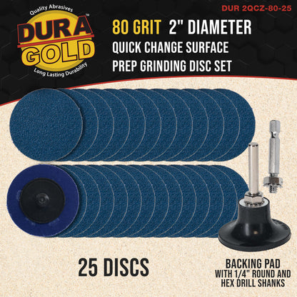2 Inch Grinding Discs, 80 Grit (25 Disc Set) with R-Type Adapter & Backing Pad - Quick Change Zirconia Coarse Cut Sanding Discs for Auto, Wood, Metal, Rust, Oxidation, Welds