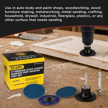 2 Inch Grinding Discs, 80 Grit (25 Disc Set) with R-Type Adapter & Backing Pad - Quick Change Zirconia Coarse Cut Sanding Discs for Auto, Wood, Metal, Rust, Oxidation, Welds