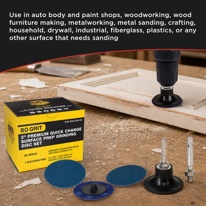 2 Inch Grinding Discs, 80 Grit (25 Disc Set) with R-Type Adapter & Backing Pad - Quick Change Zirconia Coarse Cut Sanding Discs for Auto, Wood, Metal, Rust, Oxidation, Welds