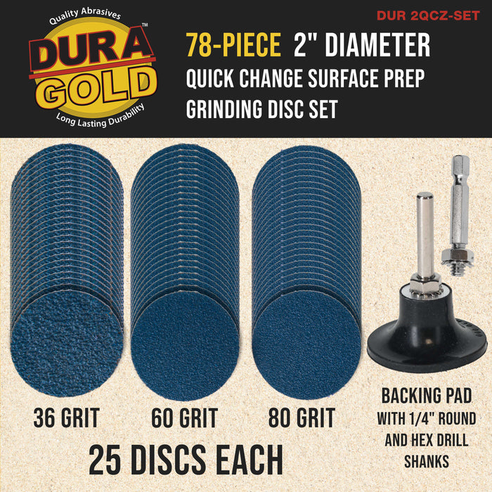 Dura-Gold 2" 78 Piece Quick Change Grinding Disc Set, 25 Discs Each 36, 60 and 80 Grit, Plus Backing Pad & Shanks - R-Type Roll Lock Sandpaper Discs