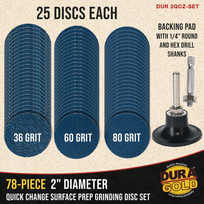 2 Inch Grinding Discs, 36, 60 & 80 Grit (25 Disc Each), R-Type Adapter & Backing Pad - Quick Change Zirconia Coarse Cut Sanding Discs for Auto, Wood, Metal, Rust, Oxidation, Welds