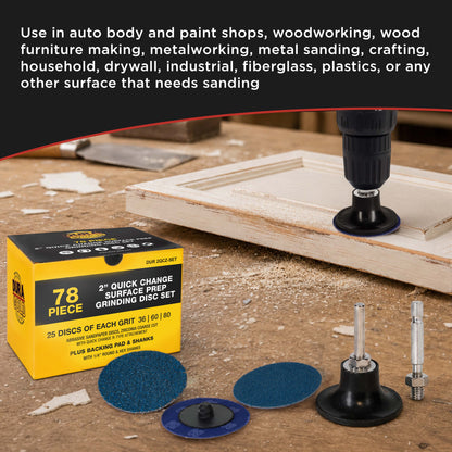 2 Inch Grinding Discs, 36, 60 & 80 Grit (25 Disc Each), R-Type Adapter & Backing Pad - Quick Change Zirconia Coarse Cut Sanding Discs for Auto, Wood, Metal, Rust, Oxidation, Welds