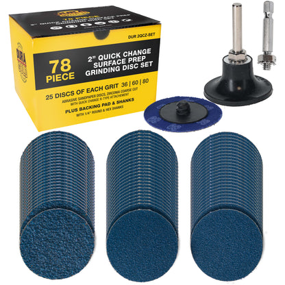 2 Inch Grinding Discs, 36, 60 & 80 Grit (25 Disc Each), R-Type Adapter & Backing Pad - Quick Change Zirconia Coarse Cut Sanding Discs for Auto, Wood, Metal, Rust, Oxidation, Welds