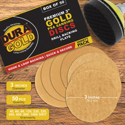 Variety Grit Pack - 3" Gold Hook & Loop Sanding Discs for DA Sanders - Box of 50