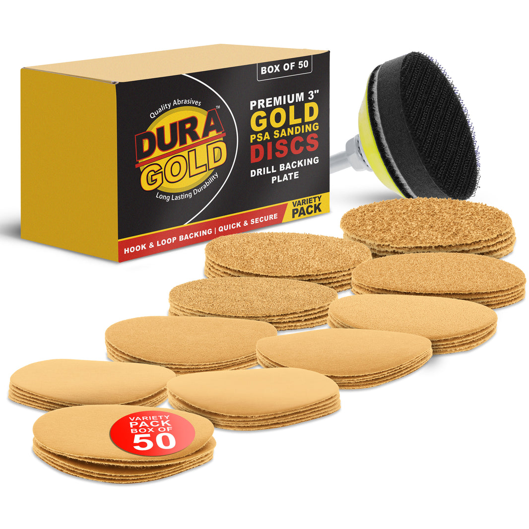 Variety Grit Pack - 3" Gold Hook & Loop Sanding Discs for DA Sanders - Box of 50
