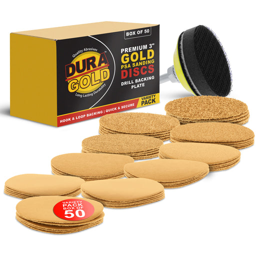 Variety Grit Pack - 3" Gold Hook & Loop Sanding Discs for DA Sanders - Box of 50