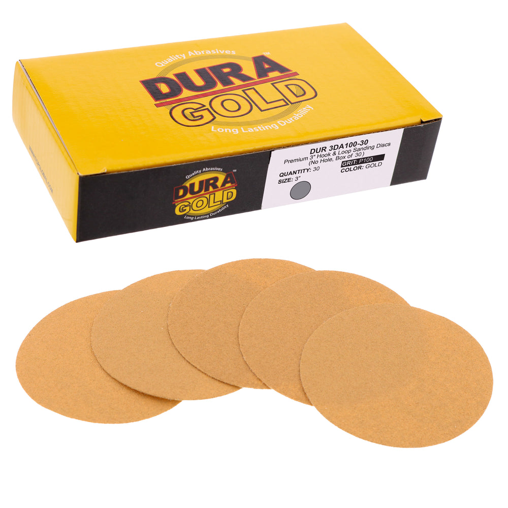 100 Grit - 3" Gold Hook & Loop Sanding Discs for DA Sanders - Box of 40